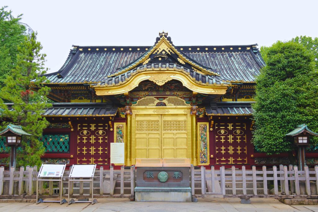 Front view of the historical Toshogu Shrine, a cultural landmark in Ueno Park, Tokyo, Japan.